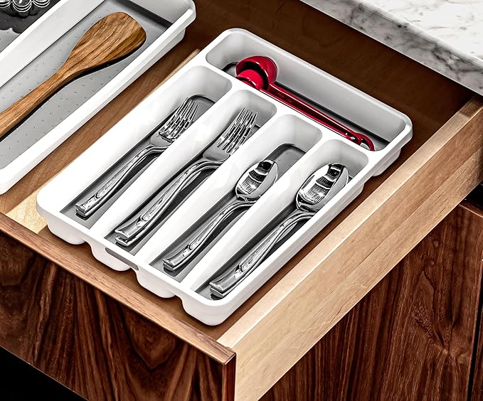 madesmart Classic 5 Compartment Compact Silverware Tray, White