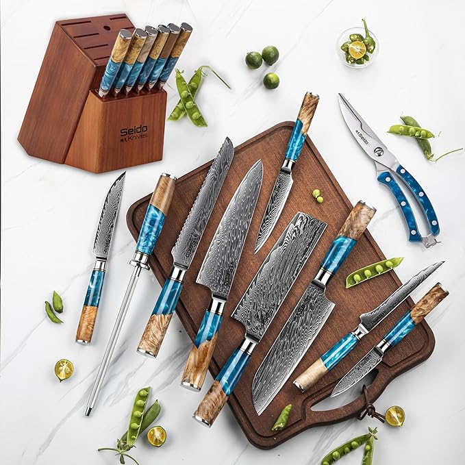 Seido Executive 16-Piece VG-10 Damascus Knife Block Set, Acacia Block