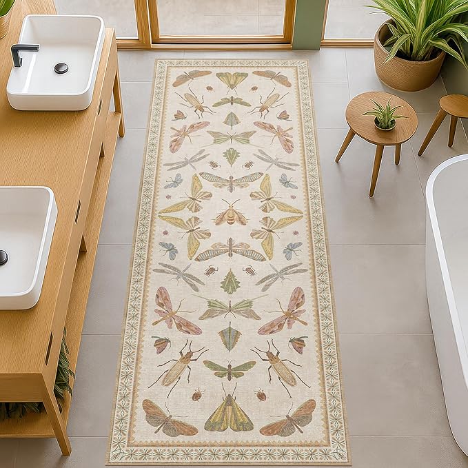Boho 2x5 Long Bathroom Rug - Laundry Room Rug Runner for Kitchen, Washable Non Slip Soft Stain Reistant Beige and Yellow Neutral Insect Design Decor