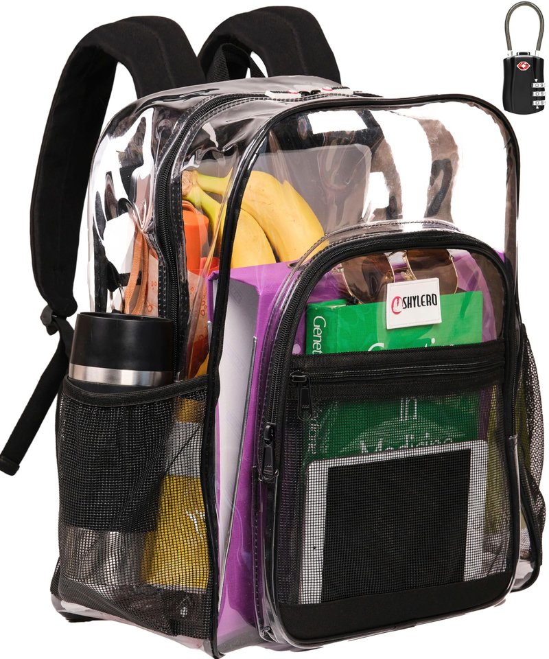 SHYLERO Clear Backpack Heavy Duty has TSA Lock, 2-WAY Zipper. PVC Transparent Backpack Is Extra Large - H18''xW14''xD8