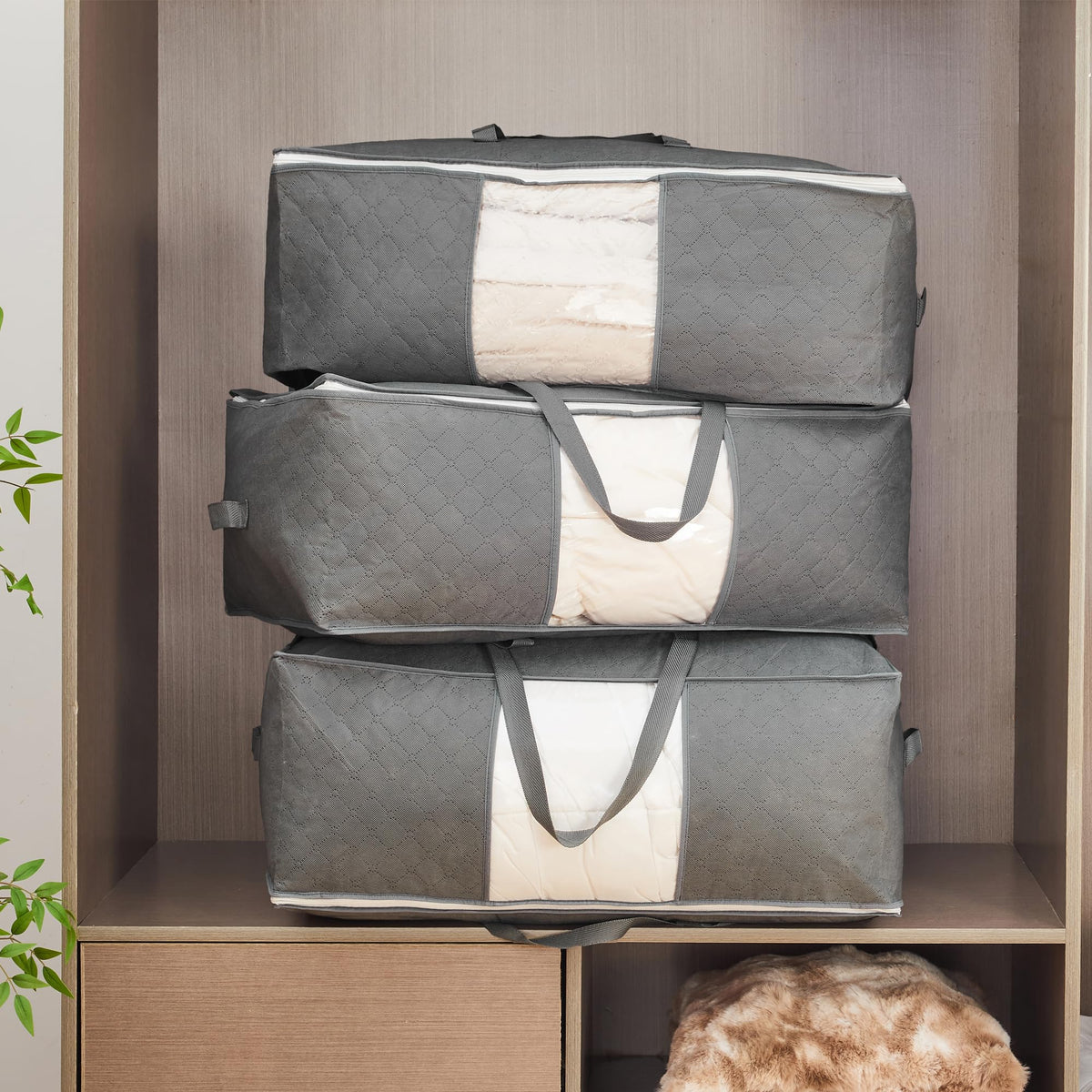 105L Extra Large Storage Bags for Blankets, King Comforters, Bedding, Clothes, Pillows, Sheets - Closet Organizers and Storage with 4 Handles & Clear Window, Foldable & Breathable (Grey, 3pack)