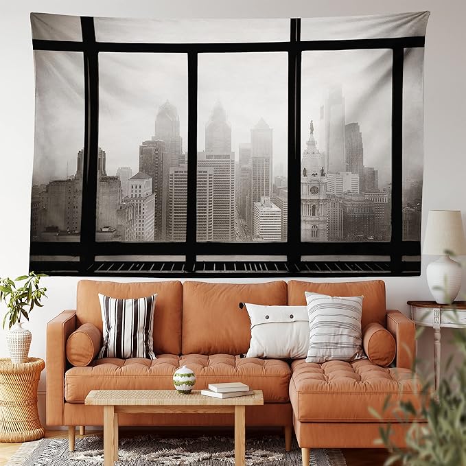 Ambesonne City Tapestry, Philadelphia City Rooftop View Through Window Skyline Landmark Rooftop Travel, Fabric Wall Hanging Decor for Bedroom Living Room Dorm, 45" X 30", Grey Black