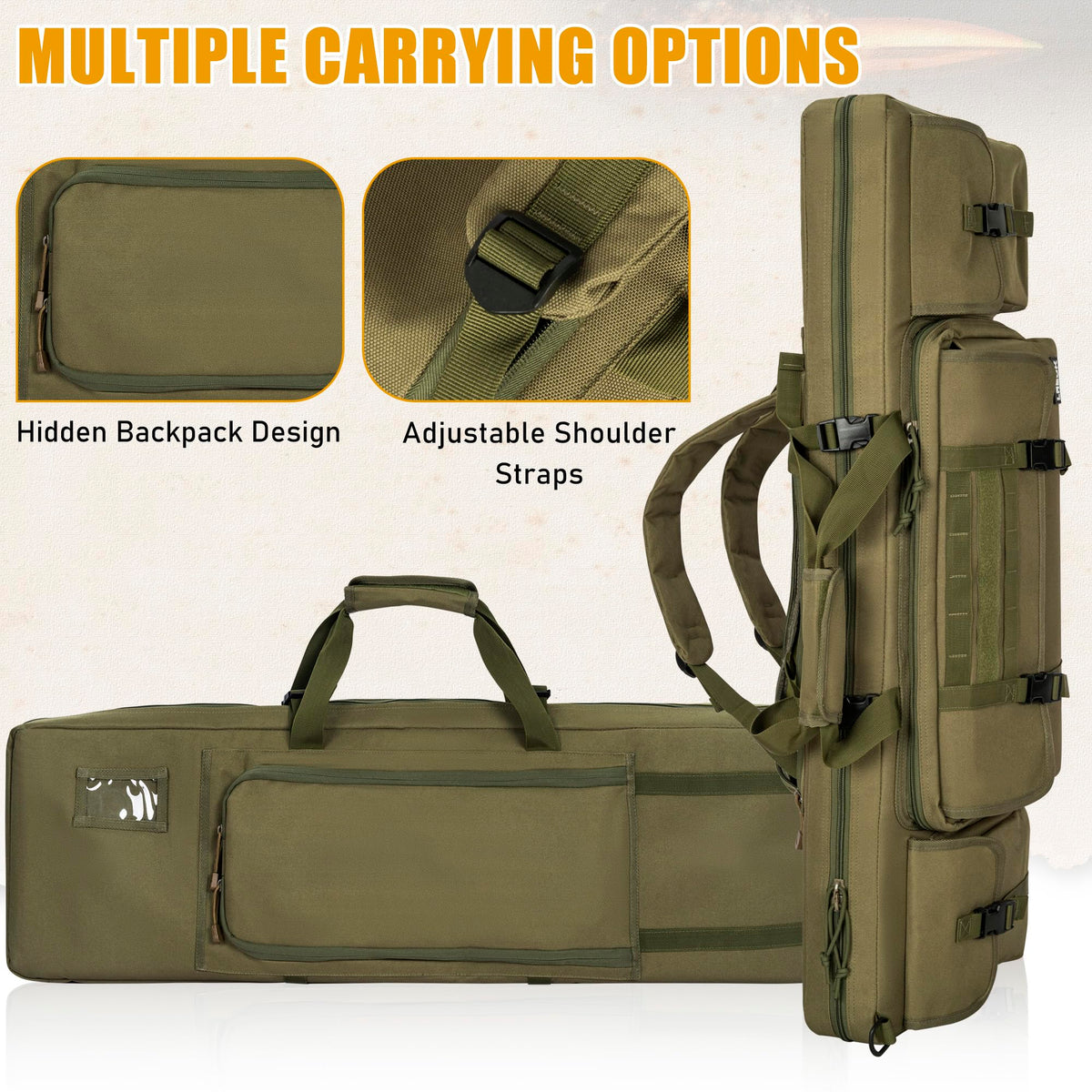 LASUK 42" Double Rifle Case Soft Gun Bag Tactical Backpack, Green