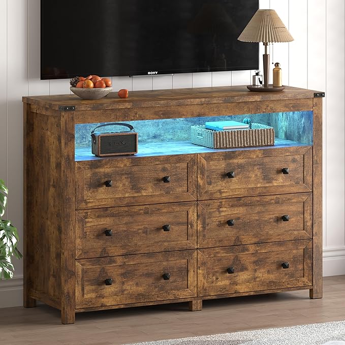 Dresser for Bedroom with 6 Drawers, Wide Chest of Drawers with LED Light and Power Outlet, Wooden Closet Organizer Clothes Storage Cabinet, Modern Double Dressers for Living Room, Hallway, Brown