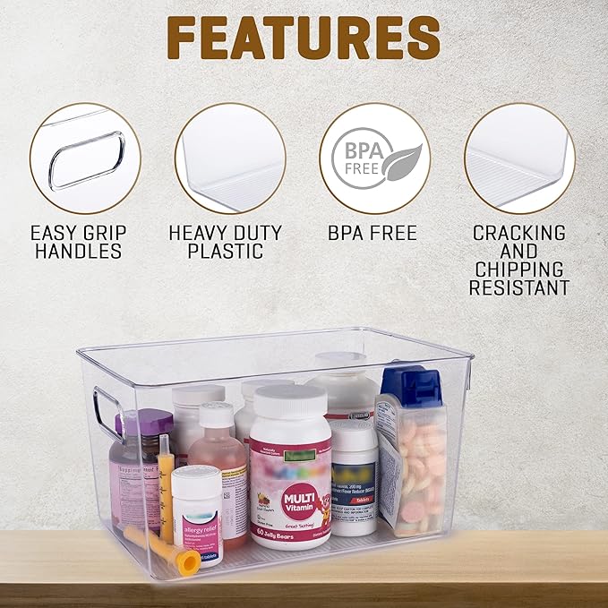 Clear Plastic Storage Bins, Pantry Organizers and Storage, Kitchen Organization and Storage Containers Bins for Organizing, Fridge, Freezer, Bathroom, Pantries, Medicine Cabinet Organizer Bin