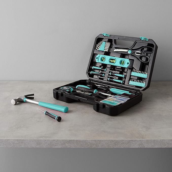 Amazon Basics 142-Piece Household Tool Kit for Home Repair,Hand Tools with Storage Case,13.39 x 9.25 x 2.95 inch,Turquoise,(Pack of 4)