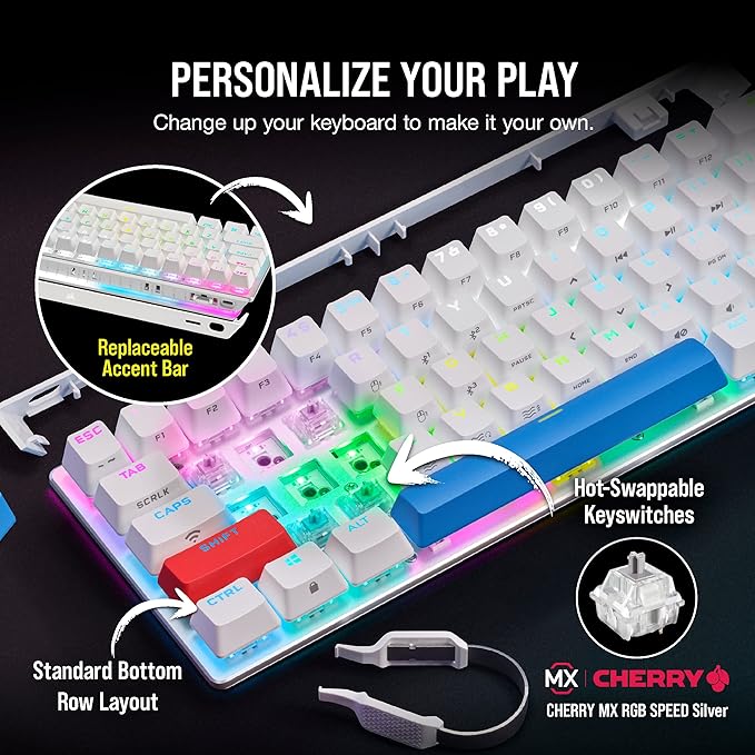 Corsair K70 PRO MINI Wireless RGB 60% Mechanical Gaming Keyboard - Fastest Sub-1ms Wireless, Swappable Cherry MX Speed Keyswitches, Aluminum Frame, PBT Double-Shot Keycaps - NA Layout, QWERTY - White
