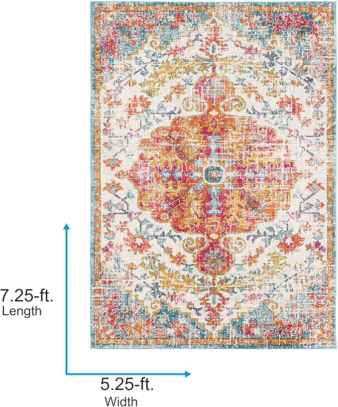 Livabliss Odelia Vintage Bohemian Area Rug,5'3" x 7'3",Orange/Aqua