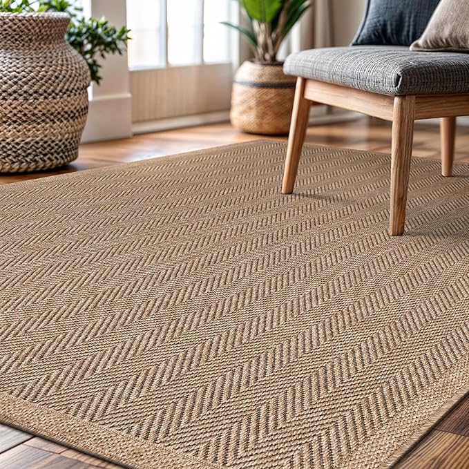 CAMILSON Easy Jute Rug 8x10, Indoor Outdoor Natural Color Fiber Area Rugs for Living Room and Patio Rug Herringbone Seagrass Boho Woven Design Easy-Cleaning Washable Outside Carpet Alfombras 8 x 10