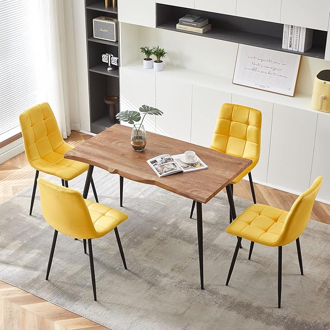 NORDICANA 5-Piece Dining Table Set, 47 in Modern Irregular Rectangle Kitchen Table & 4 Yellow Velvet Upholstery Side Chairs, Metal Legs, Dining Room Set for 4