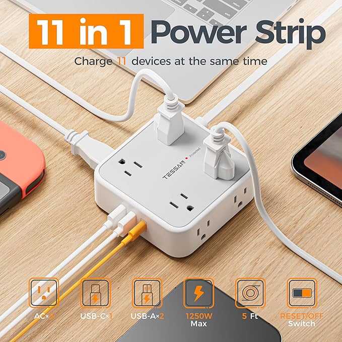 TESSAN Surge Protector Power Strip, 5 Ft Flat Plug Extension Cord with 3 USB (1 USB C) 8 Outlets, 1250W, 900J Protection, 3 Sided Outlet Extender with Power Switch for Office, Dorm Room Essentials
