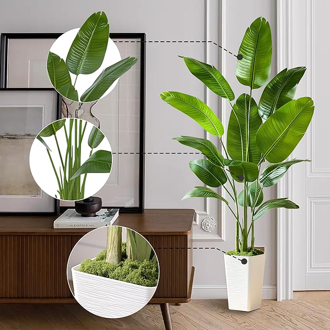 Bird of Paradise Artificial Plant, 6.6FT Faux Plants Indoor Banana Leaf Tree with 13 Leaves, Large Fake Tropical Potted Indoor Silk Floor Plant with White Tall Planter for House,Office,Room,Home Decor