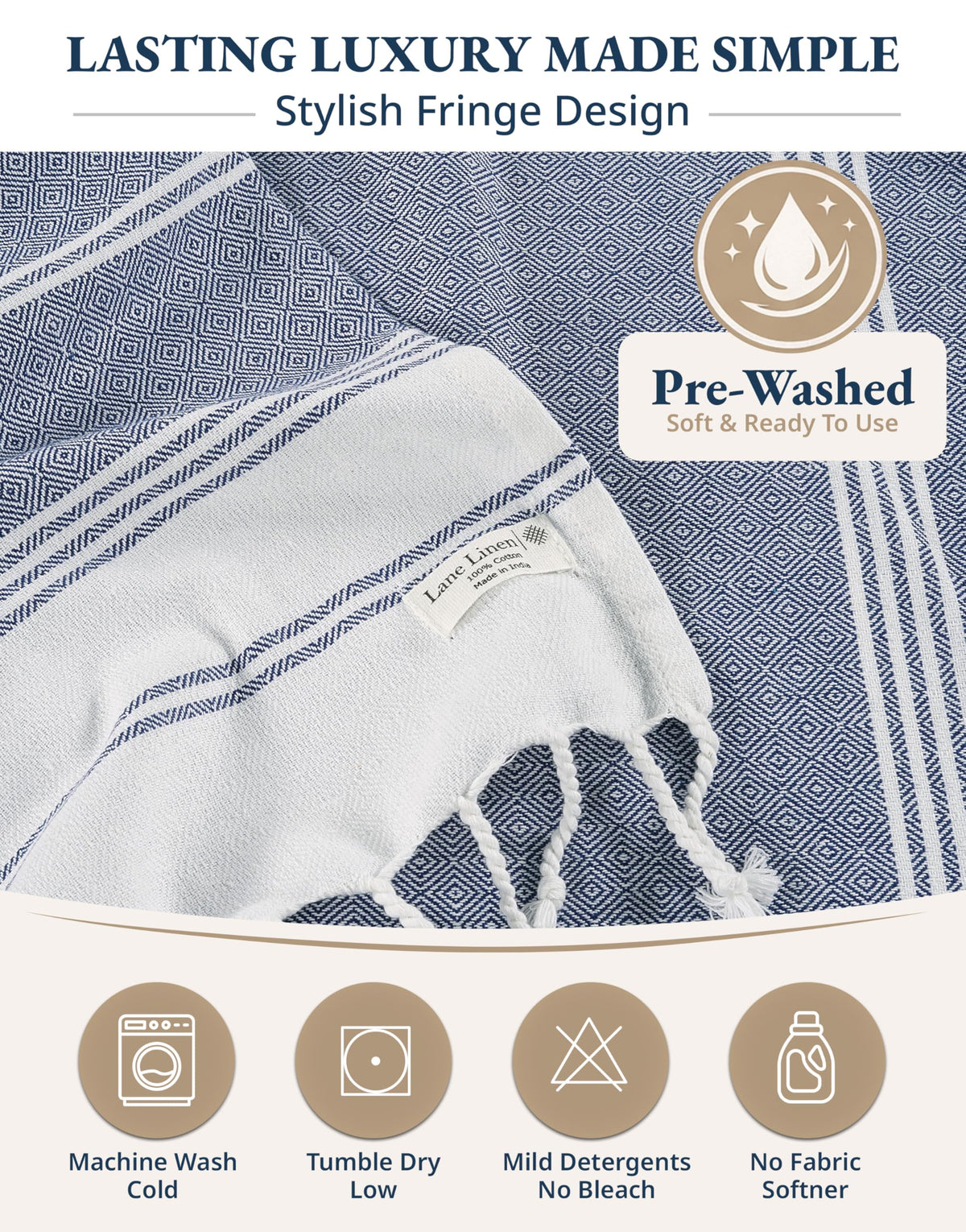 LANE LINEN 4 Pack Beach Towels – Oversized, Pre-Washed, Quick Dry, Sandproof, Lightweight & Absorbent Travel Towels – Extra Large Pool/Bath Towel – Multi