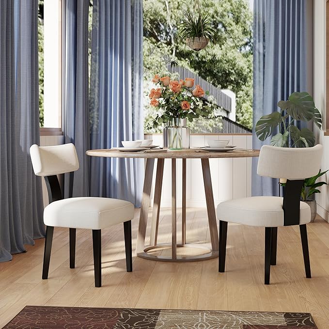 Black Wooden Dining Chairs Set of 2, Upholstered Beige Linen Kitchen & Dining Room Chairs with Mid Back Modern Wood Accent Side Chairs for Living Room/Home Office/Reception