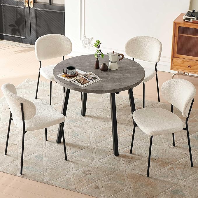 Modern Dining Table Set for 4, Industrial Kitchen Table Set, 37" Round MDF Living Coffee Table with 4 Seated Boucle Dining Chairs Upholstered, Metal Legs for Dining Hall, Living Room