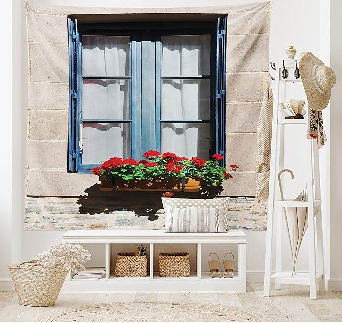Ambesonne Shutters Decor Tapestry, Mediterranean Style Window with Open Window Shutters Image French Urban Life Style Decor, Wall Hanging for Bedroom Living Room Dorm, 60" X 40", Blue Grey