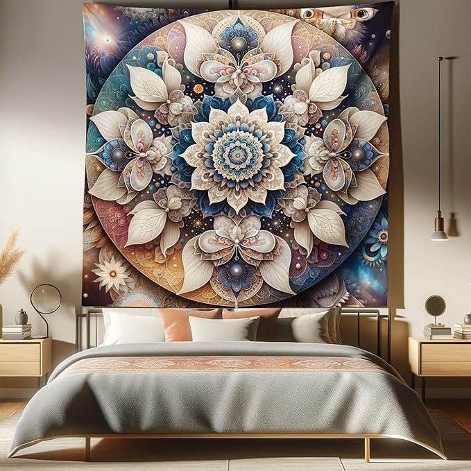 Ambesonne Mandala Tapestry Queen Size, Dreamy Composition of Astral Atmosphere Blooming Trippy Floral Boho, Wall Hanging Bedspread Bed Cover Wall Decor, 88" X 88", Eggshell Sea Blue Indigo