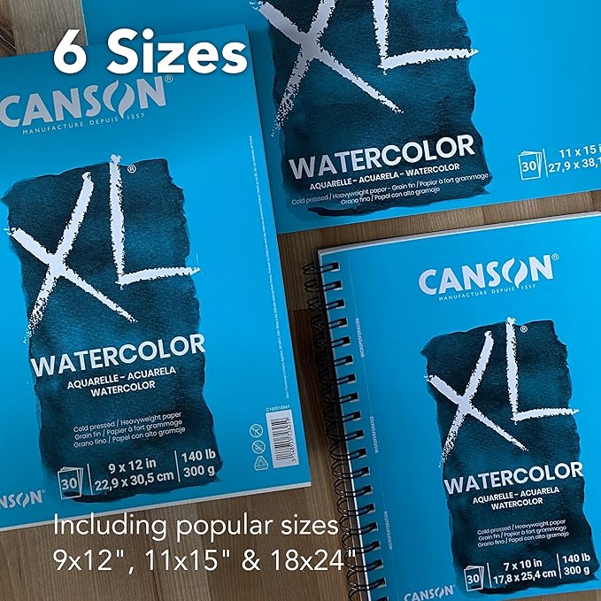 Canson XL Series Watercolor Pad, Heavyweight White Paper, Foldover Binding, 30 Sheets, 9x12 inch