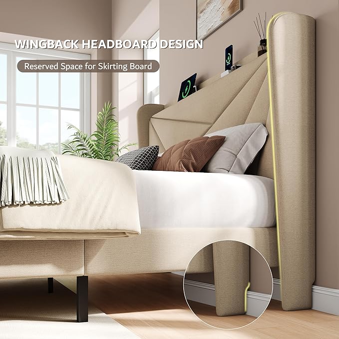 iPormis Queen Size Bed Frame with Charging Station, Linen Platform Bed Frame with Wingback Upholstered Headboard, Solid Wood Slats Support, No Box Spring Needed, Easy Assembly, Beige