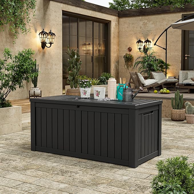 NUNU LAB Outdoor Storage Box,120 Gallon Deck Box,Resin Waterproof Outside Storage Bench,Outdoor Storage Cabinet With Lockable Lid,Backyard Deck Box For Garden Tools,Patio Cushions,Pool Accessories