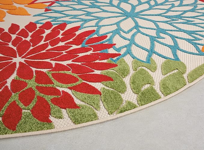 Nourison Home Aloha Indoor/Outdoor Green 7'10'' x Round Area-Rug, Tropical, Botanical, Easy Clean, Non Shedding, Bed Room, Living Room, Dining Room, Deck, Backyard, Patio (8 Round)