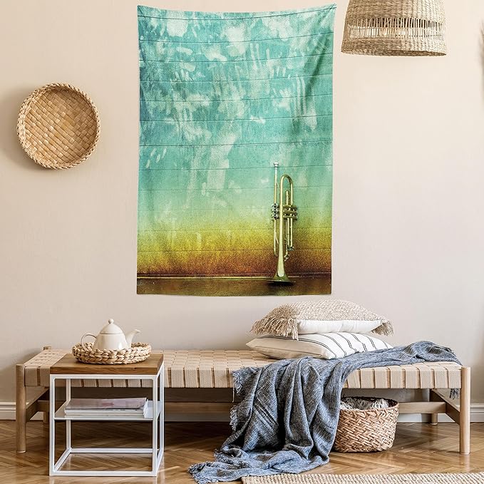 Ambesonne Music Tapestry, Old Aged Worn Single Trumpet Stands Alone Against a Faded Wall Jazz Theme Photo, Fabric Wall Hanging Decor for Bedroom Living Room Dorm, 23" X 28", Teal Brown