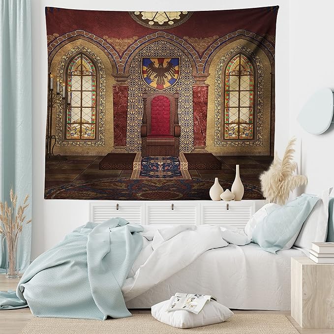 Ambesonne Gothic Tapestry, Red Medieval in Chapel Eagle Portrait on Wall Fantasy Building Print, Wide Wall Hanging for Bedroom Living Room Dorm, 60" X 40", Brown Ruby