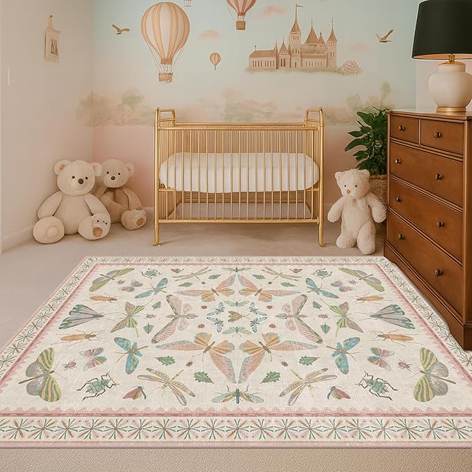 Neutral Girl Nursery Rug 4x6 - Beige & Pink Rugs for Bedroom, Living Room - Washable Low Pile Non-Slip Charming Insect Print Vintage Girly Design, Perfect for Kids Rooms