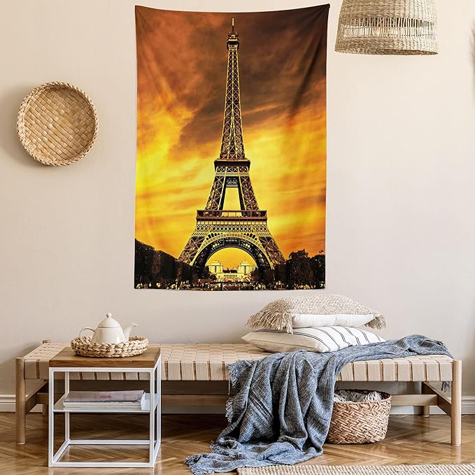 Ambesonne Eiffel Tower Tapestry, Paris Love City Monument in Dramatic Sunrise Picture of French Landmark, Fabric Wall Hanging Decor for Bedroom Living Room Dorm, 30" X 45", Yellow Brown