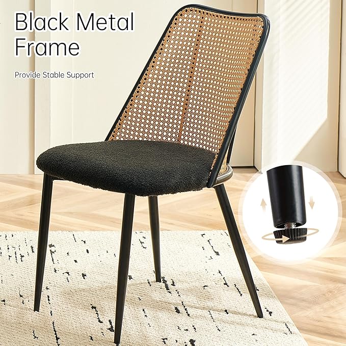 NORDICANA 3-Piece Wooden Dining Set, Space-Saving Round Table & Chair Set for Kitchen, Breakfast Nook, Rattan Wicker Dining Chairs with Boucle Seats - Black