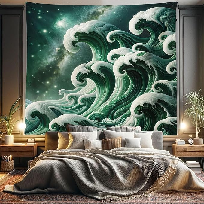 Ambesonne Green Tapestry King Size, Bold Marble Print Ocean Waves with a Realistic Galaxy Space Starry Sky Illustration, Wall Hanging Bedspread Bed Cover Wall Decor, 104" X 88", Dark Teal