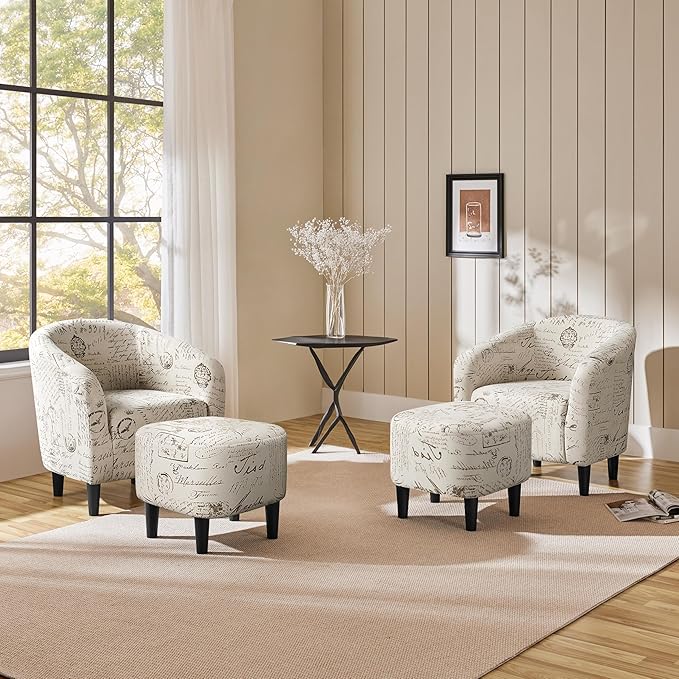 Yaheetech Accent Chair with Foot Rest, Mid Century Modern Upholstered Soft Barrel Chair, Comfy Fabric Armchair and Footrest Set for Living Room/Bedroom/Reading Room, Set of 2 Letter Print