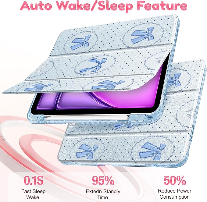 for iPad Air 11 inch M4/M3/M2 (2026/2025/2024) iPad Air 5th/4th Gen (2022/2020) 10.9 inch with Pencil Holder Glitter Clear Pretevtive Cover Auto Wake/Sleep Black Cartoon Stickers