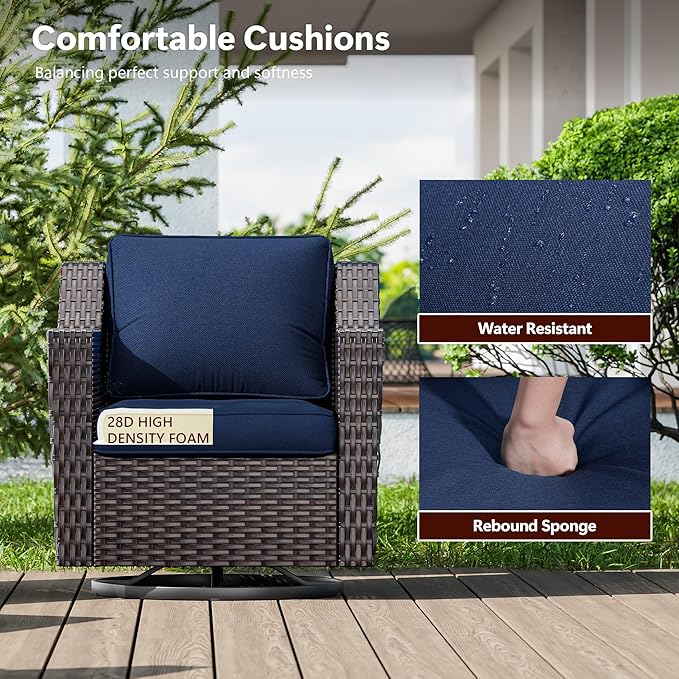 3 Pieces Wicker Patio Furniture, Luxury Outdoor Rattan Furniture with 2 Patio Swivel Chair,Side Table, Wide Armrest, Thickened Cushions, Ideal for Deck, Porch Use