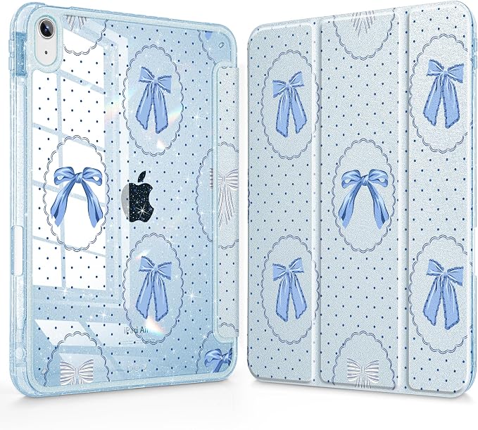 for iPad Air 11 inch M4/M3/M2 (2026/2025/2024) iPad Air 5th/4th Gen (2022/2020) 10.9 inch with Pencil Holder Glitter Clear Pretevtive Cover Auto Wake/Sleep Black Cartoon Stickers