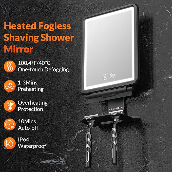EASEHOLD Shower Mirror Fogless for Shaving, Heated LED Mirror with 3 Color Lights, Adjustable Anti Fog Razor Holder and Storage Tray, 5000mAh Rechargeable Light Up Mirror Bathroom for Men