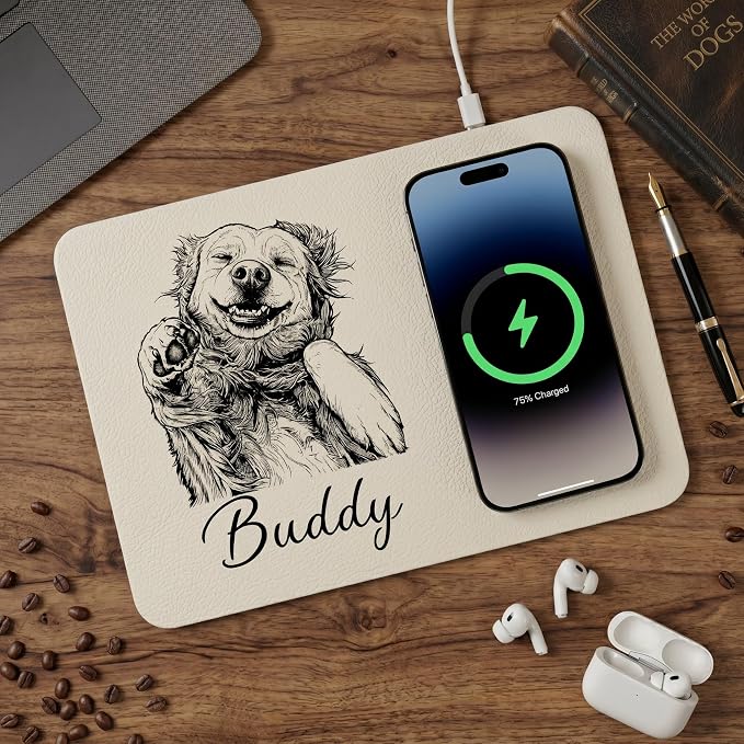 Custom Pet Portrait Sketch Line Art Present for Pet Lovers - Personalized Charging Pad Personalized Pet Memorial Accessory Custom Desk Tech Present for Dog and Cat Owners