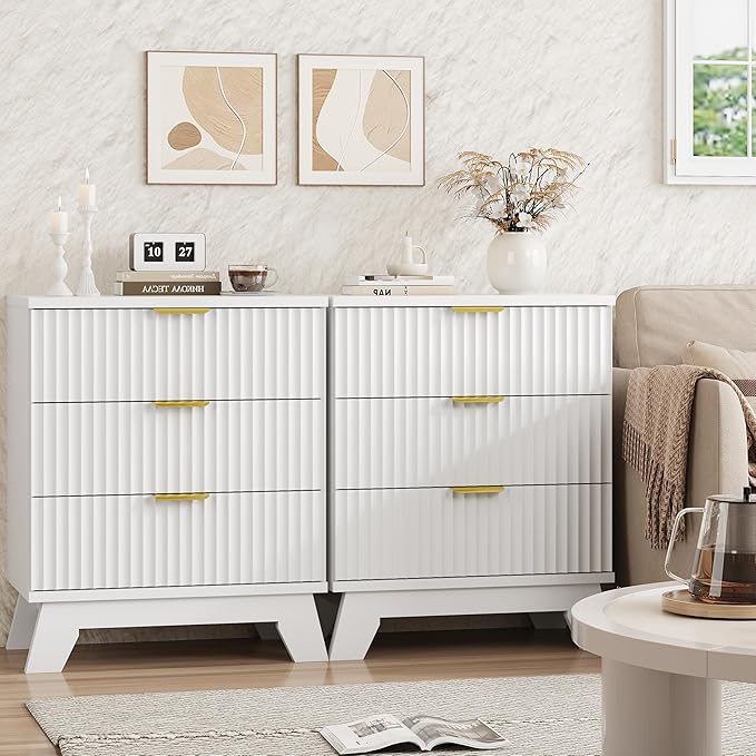 Fluted Nightstand, 24" Wide Side Table with 3 Large Storage Drawers, Mid Century Modern Wood Night Stand with Metal Handle, Wooden Bedside End Table for Bedroom, Living Room, Closet, White