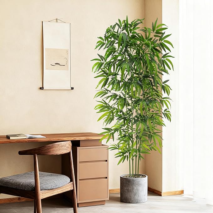 Artificial Tree Fake Plants, Artificial Bamboo Tree 7FT Tall in Black Potted, Artificial Tree Indoor Decor Bamboo Silk Tree with Natural Wood Trunk, for Home Office Living Room Modern