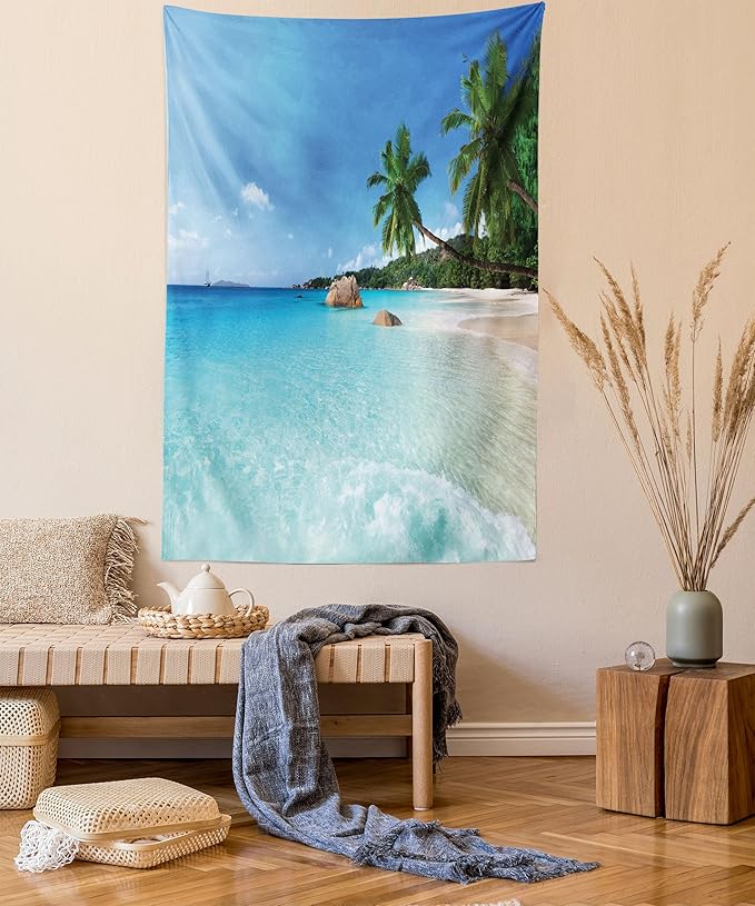 Ambesonne Ocean Tapestry, Anse Lazio Beach at Praslin Island Surfing Beach Scenic View Travel, Fabric Wall Hanging Decor for Bedroom Living Room Dorm, 23" X 28", Blue and Turquoise