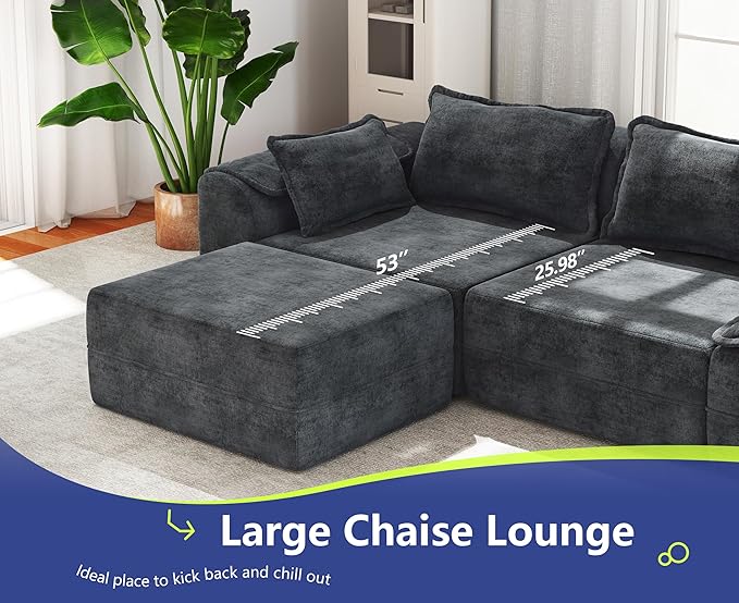Hobestluk 120" Cloud Modular Sectional Couch 3-Seater Sofa with Ottoman L Shaped Sofa with Removable Cover Large Sofa Couch for Living Room (Blue Grey, 3-Seater Sofa with One Ottoman)