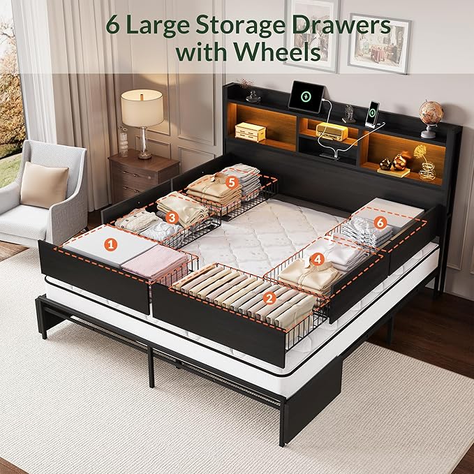 LARMACE Queen Size Bed Frame with 6 Storage Drawers and Headboard Wooden Platform Bed Frame with LED Lights and Charging Station Easy Assembly/No Box Spring Needed/Black