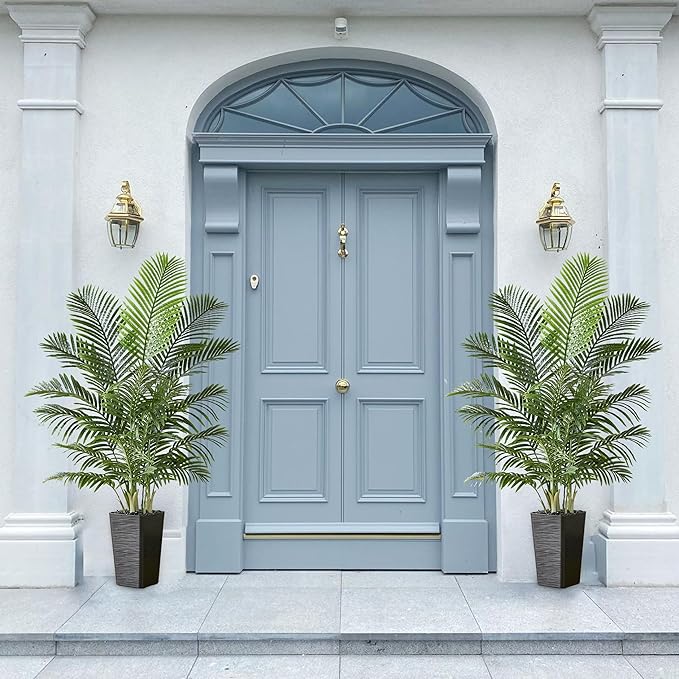Artificial Palm Tree：5FT Tropical Fake Silk Plant UV Resistant Faux Areca Palm with White Planter & Black Pebbles for Home Office Living Room Decor Indoor Patio Porch Balcony (5FT,1-Pack,Black)