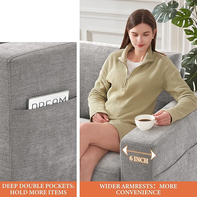 Ihanherry 39 Inch Sofa Single with Side Pocket, Comfy Modern 1-Seat Sofa for Living Room & Bedroom, Removable Medium Firm Sofa Cushion, Breathable Chenille Fabric, Grey
