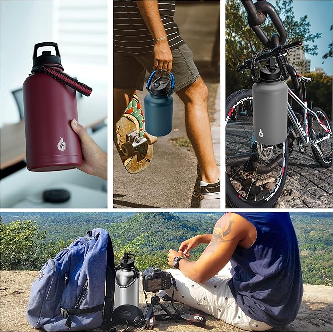 BJPKPK Half Gallon Insulated Water Bottles with Straw Lid, 64oz Large Water Jug, Stainless Steel Bottles with 3 Lids and Paracord Handle, Thermo for Hot & Cold Liquid, Navy Blue