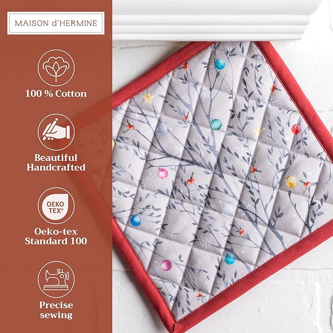 Maison d' Hermine Pot Holders Set 100% Cotton Heat Resistant Potholders 8" x 8" Hot Pads with Loop for Thanksgiving Christmas Decorations BBQ Baking Handling Hot Pans (Pack of 2, Fairy Christmas)