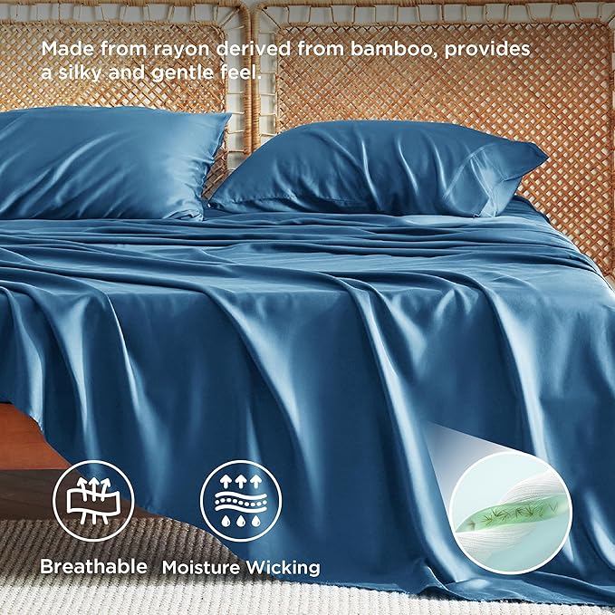 Bedsure Queen Sheet Set, Rayon Derived from Bamboo, Cooling Sheets, Deep Pocket Up to 16", Breathable & Soft, Hotel Luxury Silky Bedding for Hot Sleepers, Teal