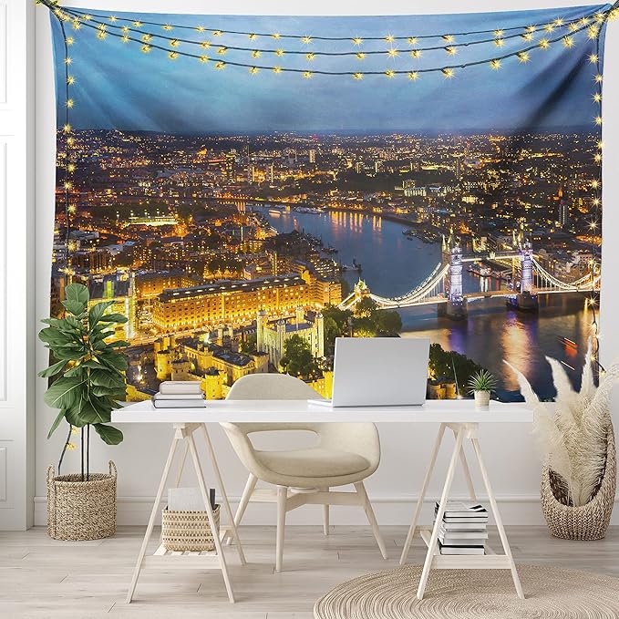 Ambesonne Modern Tapestry, Sunset at London England Cityscape Night Time and Tower Bridge Landmark Urban, Fabric Wall Hanging Decor for Bedroom Living Room Dorm, 23" X 28", Yellow Bluegrey