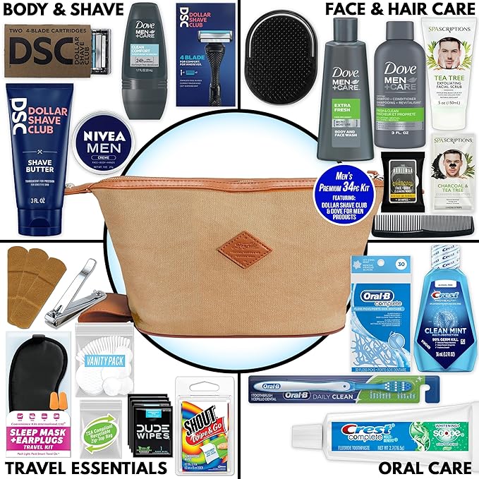 Convenience Kits International Men’s Super Premium 34 PC Travel Kit Featuring: Travel-Size Hair Care Products Plus Face, Body, Oral Care, Travel Essentials in Large Canvas Toiletry Bag (Khaki)