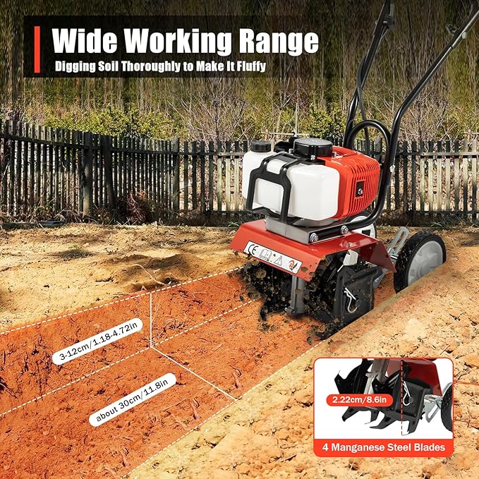 2 Stroke 52CC Gas Powered Tiller, Mini Garden Cultivator, Gasoline Powered Garden Farm Cultivator, Gas Tiller, 6500rpm for Plowing, tilling, Weeding.